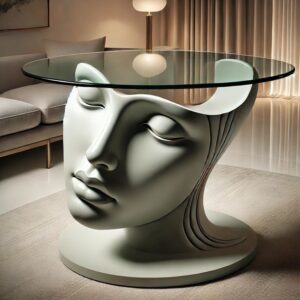 table sculpturale allie fonctionnalité et esthétique avec une base en forme de tête humaine stylisée, aux traits doux et méditatifs. Son plateau en verre circulaire met en valeur la sculpture et symbolise une ouverture de l’esprit.